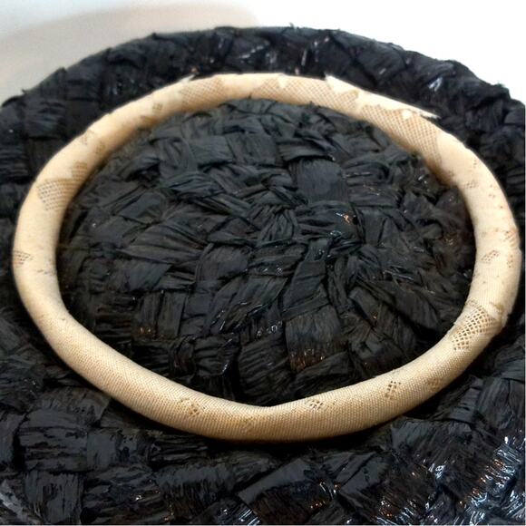 Vintage Lucila Mendez Raffia Cellophane Pearl Ribbon Pillbox Hat Size Large READ - Picture 2 of 8